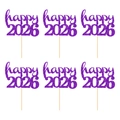 Lot de 6 décorations de gâteaux Happy 2026 pailletées violettes pour le Nouvel An - happy 2026 / Lot de 6 / Violet