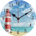 Silent wall clock featuring a vintage round wooden ocean design with lighthouse and seagulls - Multi-color Lighthouse Day