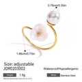 Adjustable 18K gold stainless steel ring with white pearl and floral design charm - Pearl Flower Style (JDR0203002)