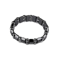Detail shot of a black magnetic hematite bracelet featuring square and round metallic beads - Half Moon