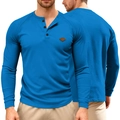 Herren Langarm-Henley-Shirt aus blauem Waffelstrick mit Knopfleiste in Vorder- und Rückansicht - S / Königsblau