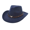 Detail of navy fedora hat featuring a brown leather band and silver bull head metal ornament - M (56-58cm) / Navy Blue
