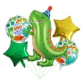 5-piece green dinosaur foil balloon set with stars and Happy Birthday prints - Green & Gold Star Dinosaur Set