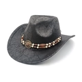 Close-up of black suede cowboy hat with vintage texture and beaded turquoise badge - M (56-58cm) / Black