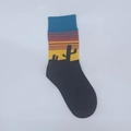 Detail of cartoon cactus pattern and sunset stripes on cotton crew socks - One Size / Oil Painting
