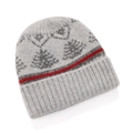 Dettaglio del berretto grigio in maglia con motivo Fair Isle e bordo a coste per l'inverno - Berretto Grigio Chiaro