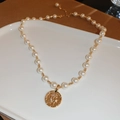 14K gold plated pearl necklace with vintage coin pendant on elegant white display tray - 2# 14K Gold Plated Necklace