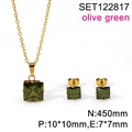Golden titanium necklace and earring set with olive green square zircon stones - Gold-Olive Green Stone