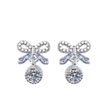 Silver bow-shaped drop earrings with white pavé zircons and a round center stone - TED296-Ribbon Bow Knot Drop Studs