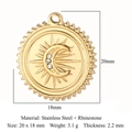 Goldener Edelstahl-Anhänger mit Mond und Stern, Strasssteinen und technischen Maßen - Edelstahl + Strass / Goldene Runde Sonne Mond Sterne