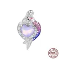 S925 sterling silver mermaid heart charm with blue gradient tail and purple gemstone - Heart-Shaped Mermaid Charm(SCC2769)