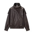 Women's chic dark brown faux leather jacket with stand collar and diagonal zipper detail - S / Coffee