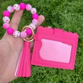 Wristlet keychain with colorful silicone beads, fringe tassel and pink card holder - Rose Red