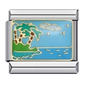 Macro shot of silver titanium modular link with colorful enamel beach and palm tree design - ICJ095-1/Seaside Birds