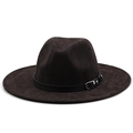 Classic dark brown wide brim suede fedora hat with black faux leather buckle belt strap - M(56-58cm) / Coffee