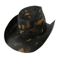 Dettaglio cappello da cowboy con trama intrecciata nera e motivo tie-dye leopardato marrone - Design a Motivi Nero Marrone