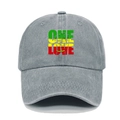 Close-up of One Love text and fist graphic on gray washed cotton vintage baseball cap - M(56-58cm) / Light Gray