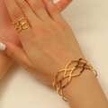 Conjunto de pulsera y anillo dorados con diseño de cadena ovalada hueca geométrica - Juego de pulsera + anillo geométrico hueco (10091+10108) / Dorado