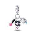 Detail of silver makeup charm featuring a pink brush, comb and black enamel frame - Exquisite Daily Pendant (PAC1290)