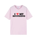 Pink short sleeve cotton t-shirt with I Love My Boyfriend print in round neck style - Pink (Boyfriend)