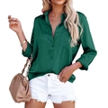 Women's deep green satin long sleeve shirt paired with white shorts and brown bag - S / Green