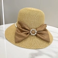 Elegant wide brim straw sun hat with pearl chain and brown bow on marble surface - M (56-58cm) / Khaki