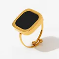 Minimalist square open ring with golden finish and black enamel inlay for women - Classic Black Style (KBJ250) / Gold