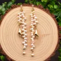 Elegant 925 silver long drop earrings with freshwater pearls and golden conch pendant - Exaggerated Conch Earrings