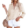 Blouse élégante en satin abricot à manches longues avec col en V et poche de poitrine - S / Bleu foncé