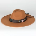 Detailed shot of a camel fedora hat with a leather band, bull head ornament and floral embroidery - Adjustable / Bull Head Embroidery Style / Camel
