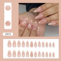 Press-on nail Z975 in nude pink French long oval style with 3D pink ribbon bows - Z975 Gentle French