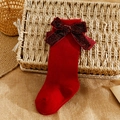 Calcetines altos de algodón rojo festivo para niños con gran lazo de terciopelo suave - S 0-6 Meses / Burdeos