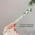 Elegant bamboo style jade-like hairpin with golden metal accents and green enamel leaves - 88# Dragon Bamboo Jade Bamboo Hairpin