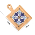 Square wood and ceramic tile coaster with blue floral pattern and 20x14cm dimensions - Bamboo Wood Style 1