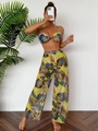 Detailed texture of tropical print bikini top and sheer mesh wide leg beach trousers - S / Yellow