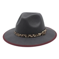 Grey wool fedora with burgundy edge, leopard print band and golden buckle for men - M (56-58cm) / Gray