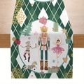 Green Nutcracker themed linen table runner with Christmas trees on wooden table - CD62-17 (Nutcracker Dark Green Table Runner)