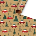 Christmas kraft paper roll with red car and festive tree patterns for gift wrapping - Christmas Car