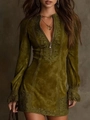 Detail of olive green dress with embroidery, metal zipper and suede texture - S / Olive Green