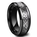 Polished black tungsten ring for men featuring a silver Celtic dragon pattern inlay - Electric Black Base Silver Dragon