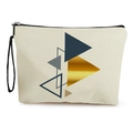 Cream canvas cosmetic bag with geometric navy and gold triangle print and side handle - Blue Gold Triangle (Style 2)