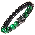 Men's tiger eye and obsidian beaded bracelet featuring a wolf head with zircon inlay - Green Tiger Eye