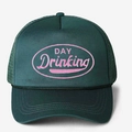 Detailed view of dark green trucker hat featuring Day Drinking embroidery and front rope - One Size / Dark Green