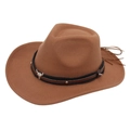 Close-up of brown cowboy hat featuring silver bull head pendant and braided band detail - M (56-58cm) / Khaki