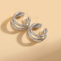 Three-layer silver ear cuffs with a polished multi-strand design in a C-shaped open style - Double-layer Silver