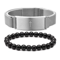 Stainless steel mesh bracelet set with cross plaque and black bead bracelet for men - Steel Color + Black Agate