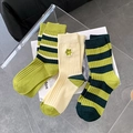 Chic green striped and white floral cotton crew socks for women in stylish college style - Green Stripe Three Pairs Set A