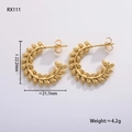 Detail view of gold C-shaped earrings with leaf texture, 22.2mm height and 4.2g weight - Laurel Leaf Embossed Style (RX111)