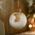 8cm glass Christmas ball with white snow effect and natural fiber filler hung by twine - Natural Landscape Style