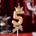 Golden number 5 birthday candle with mini crown and bow, size 6cm by 3.3cm - Number Candle Crown Bow Champagne Color 5